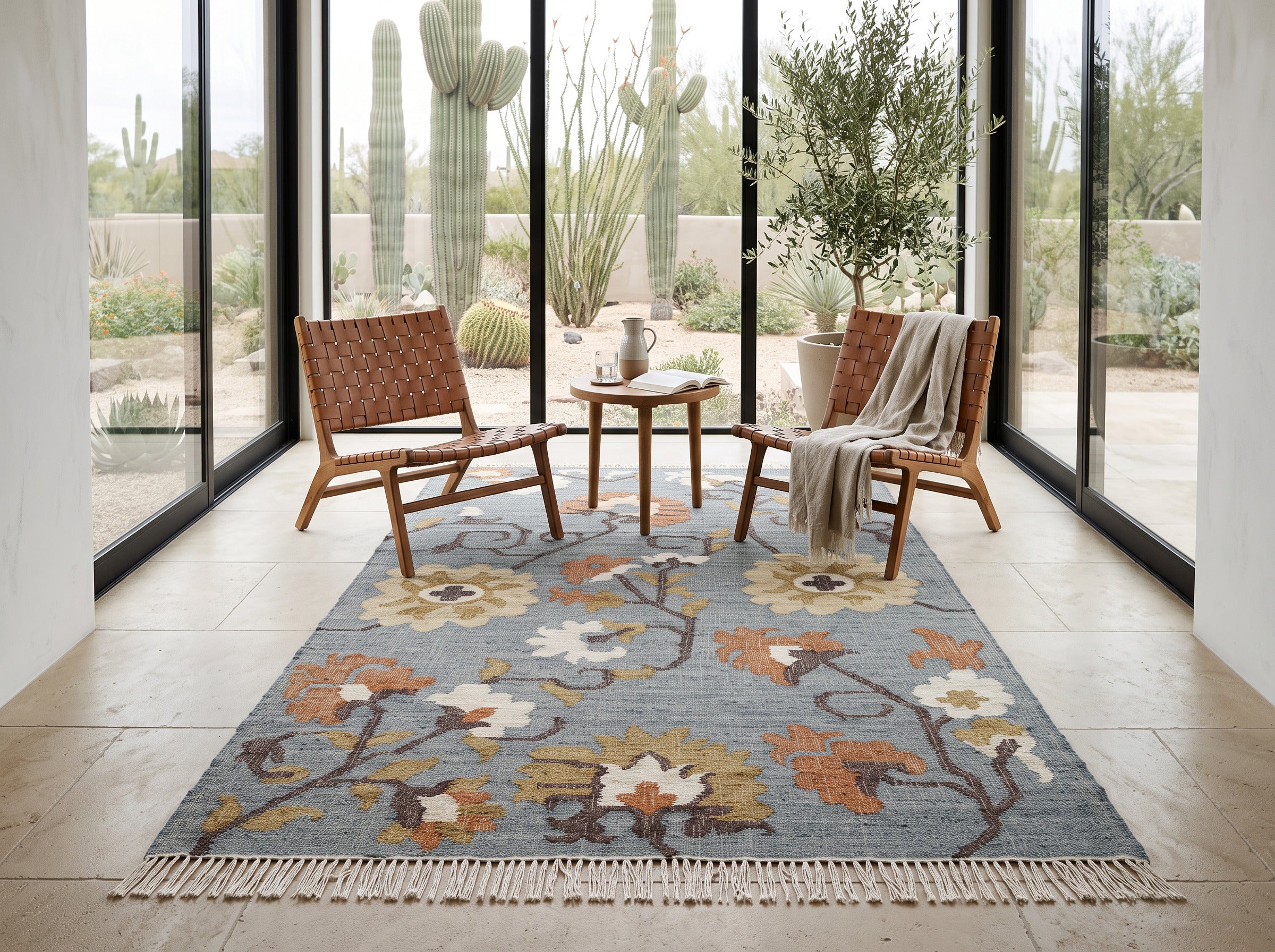 Multi Size Slate Blue Orange Color Hand Woven Kilim Jute Traditional Oriental Rug