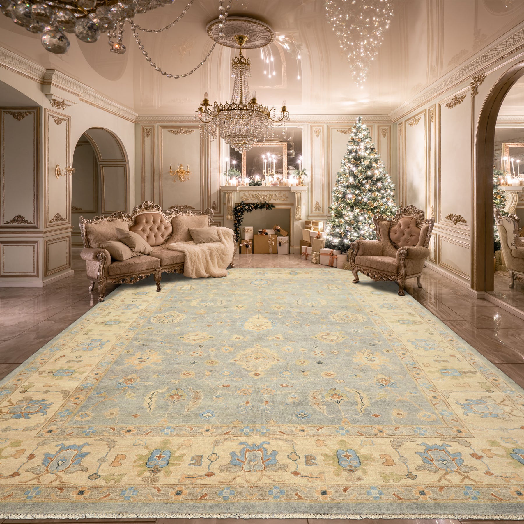 10x14 Gray, Beige, Turquoise Color Hand Knotted Oushak Wool Traditional Oriental Rug