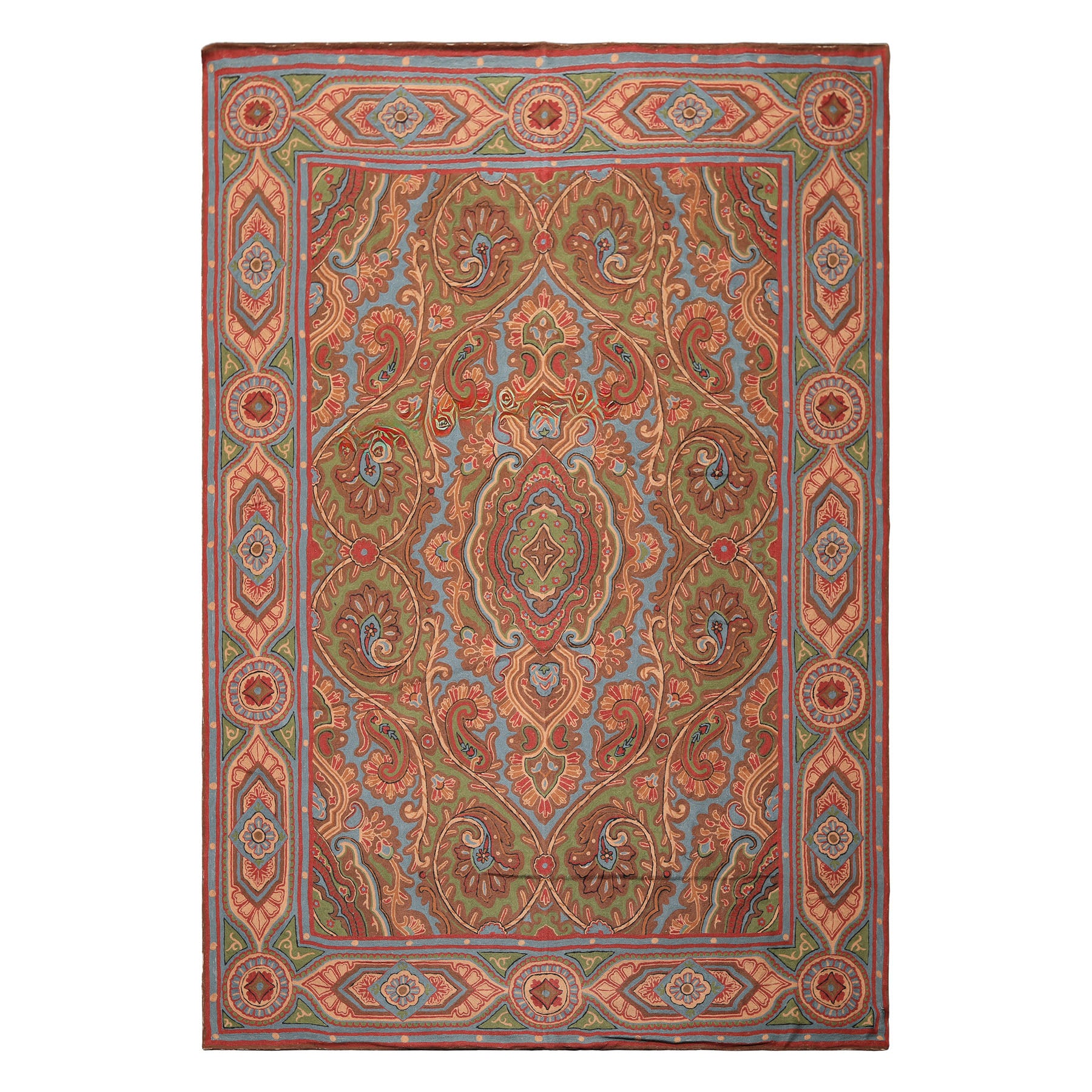 6x9 Green, Aqua, Bown Color Hand Woven Chainstitch Needlepoint Wool Traditional Oriental Rug