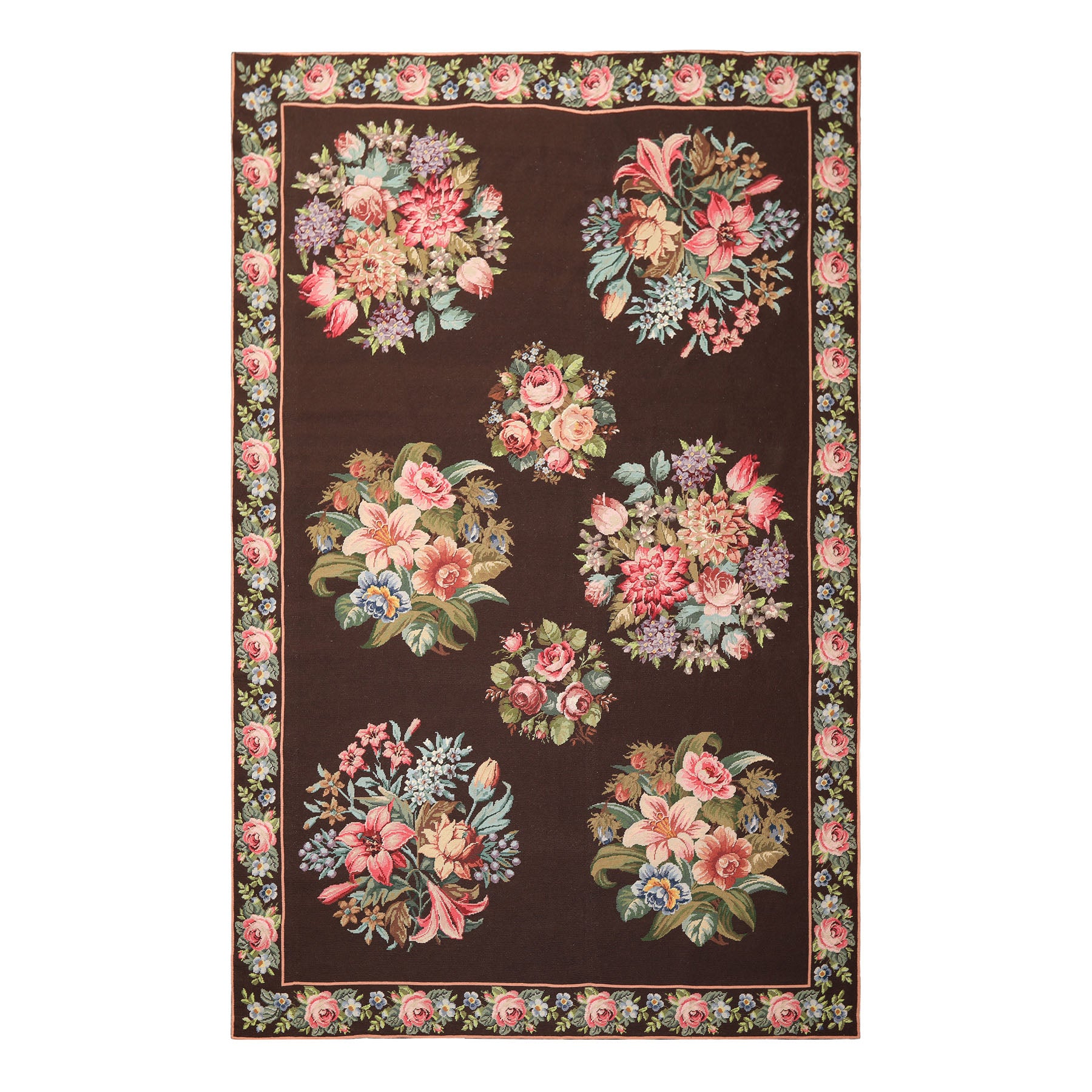 6x9 Chocolate, Pink, Green Color Hand Woven Aubusson Needlepoint Wool Traditional Oriental Rug