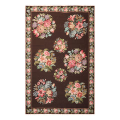 6x9 Chocolate, Pink, Green Color Hand Woven Aubusson Needlepoint Wool Traditional Oriental Rug