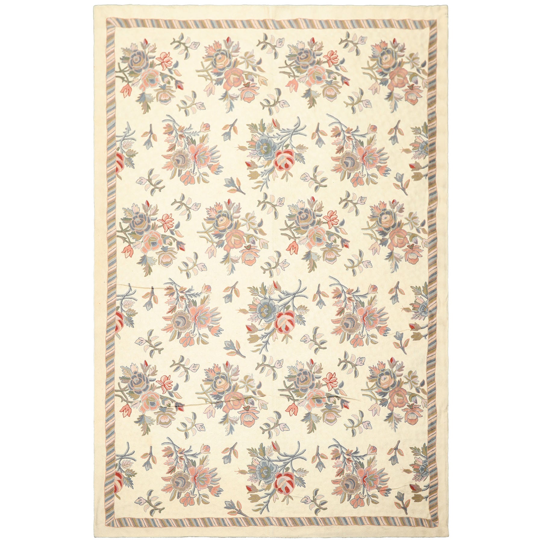 6x9 Ivory, Blue, Rose Color Hand Woven Chainstitch Needlepoint Wool Traditional Oriental Rug