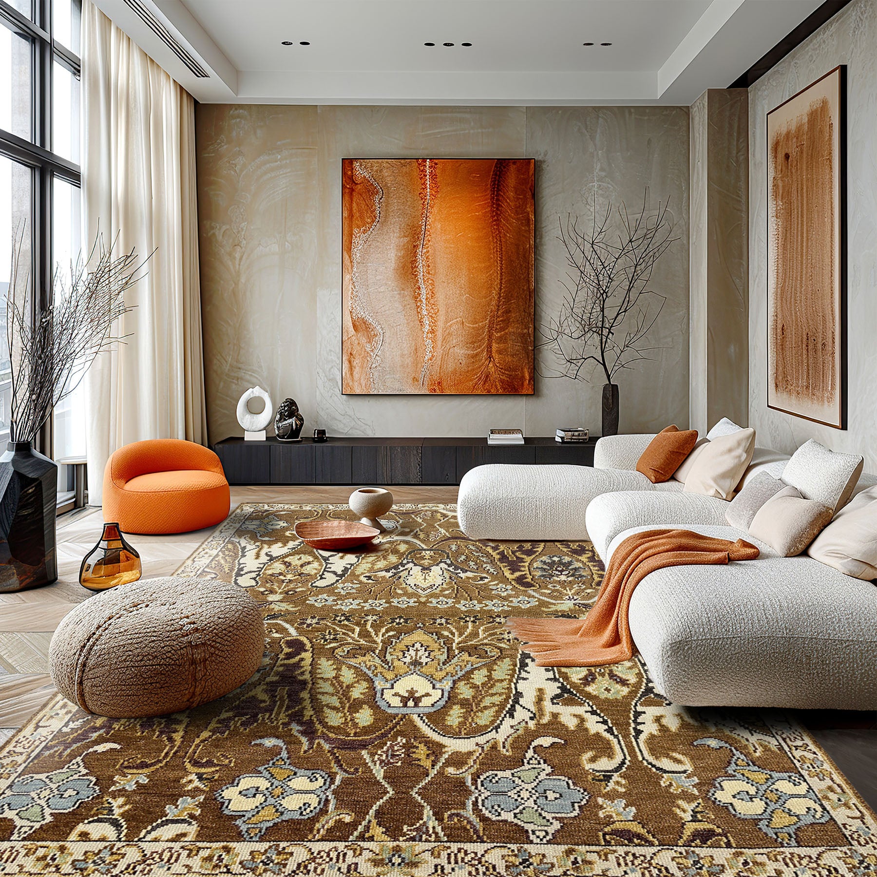 9x12 Mocha, Ivory, Chocolate Color Hand Knotted Oushak Wool Oriental Rug