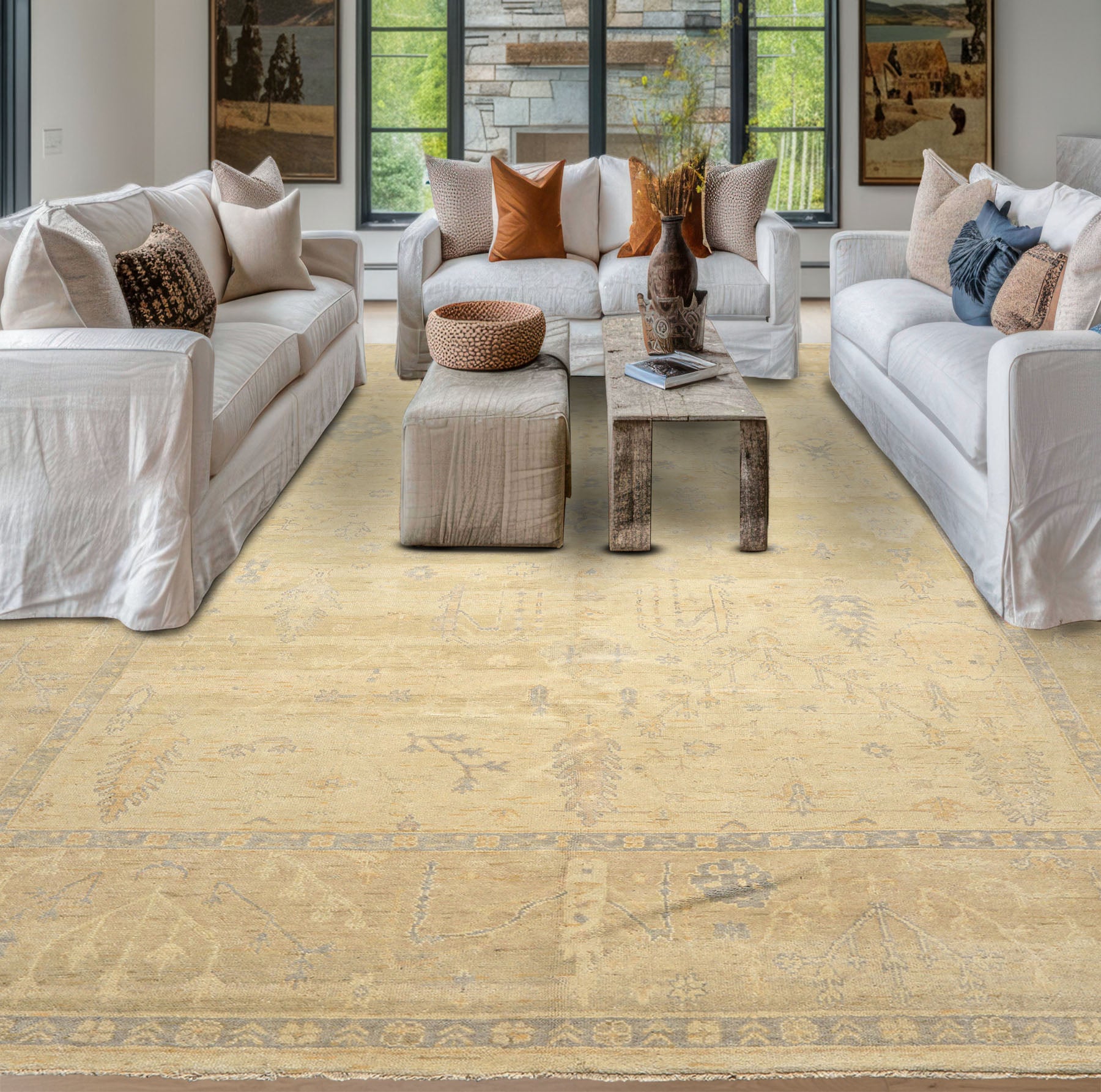 9x12 Ivory, Beige, Taupe Color Hand Knotted Oushak Wool Traditional Oriental Rug