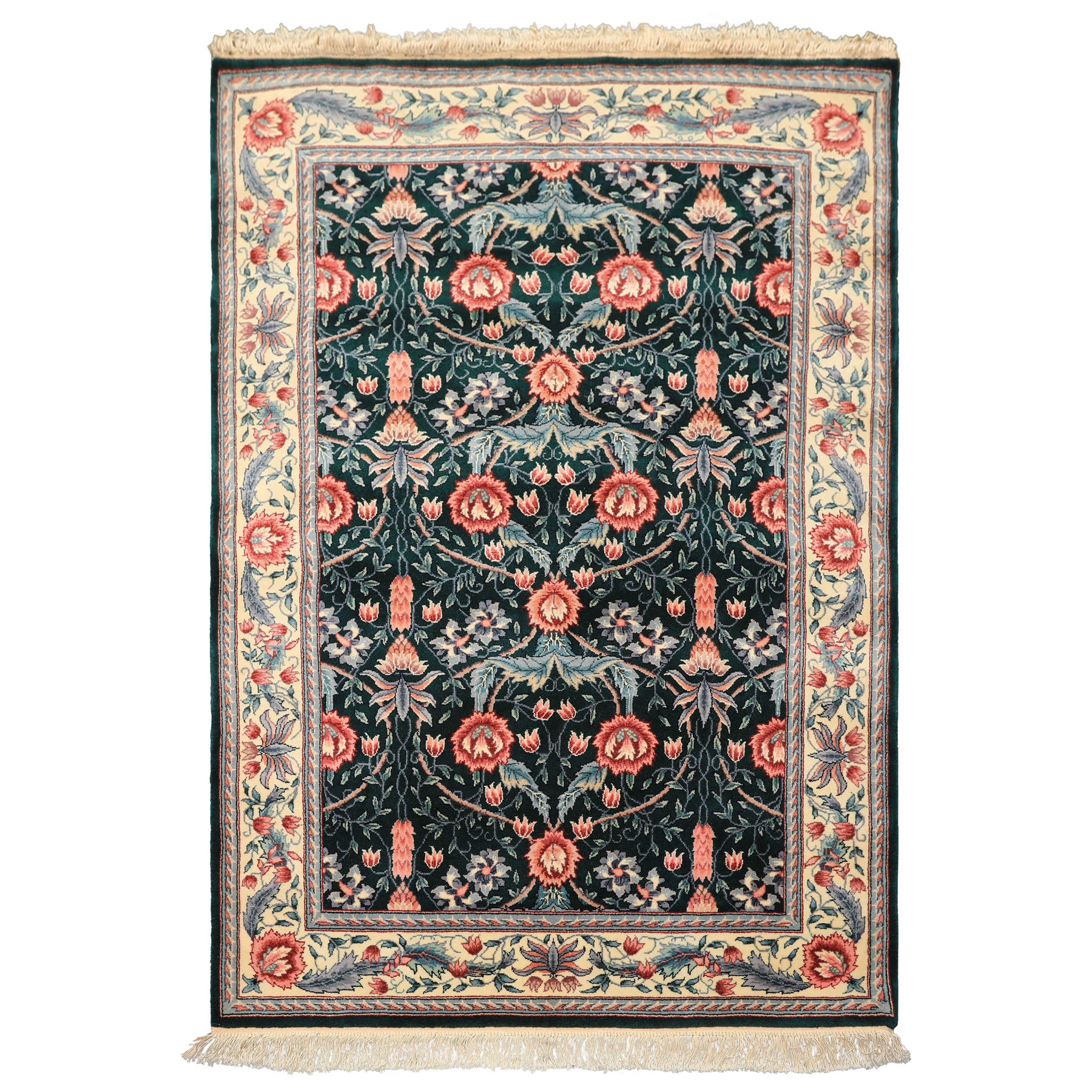 4x6 Emerald, Ivory, Rose Color Hand Knotted French Aubusson Savonnerie Wool Traditional Oriental Rug
