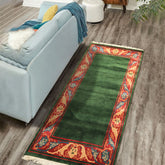 5x7 Green, Coral, Peach Color Hand Knotted Tibetan Wool Transitional Oriental Rug
