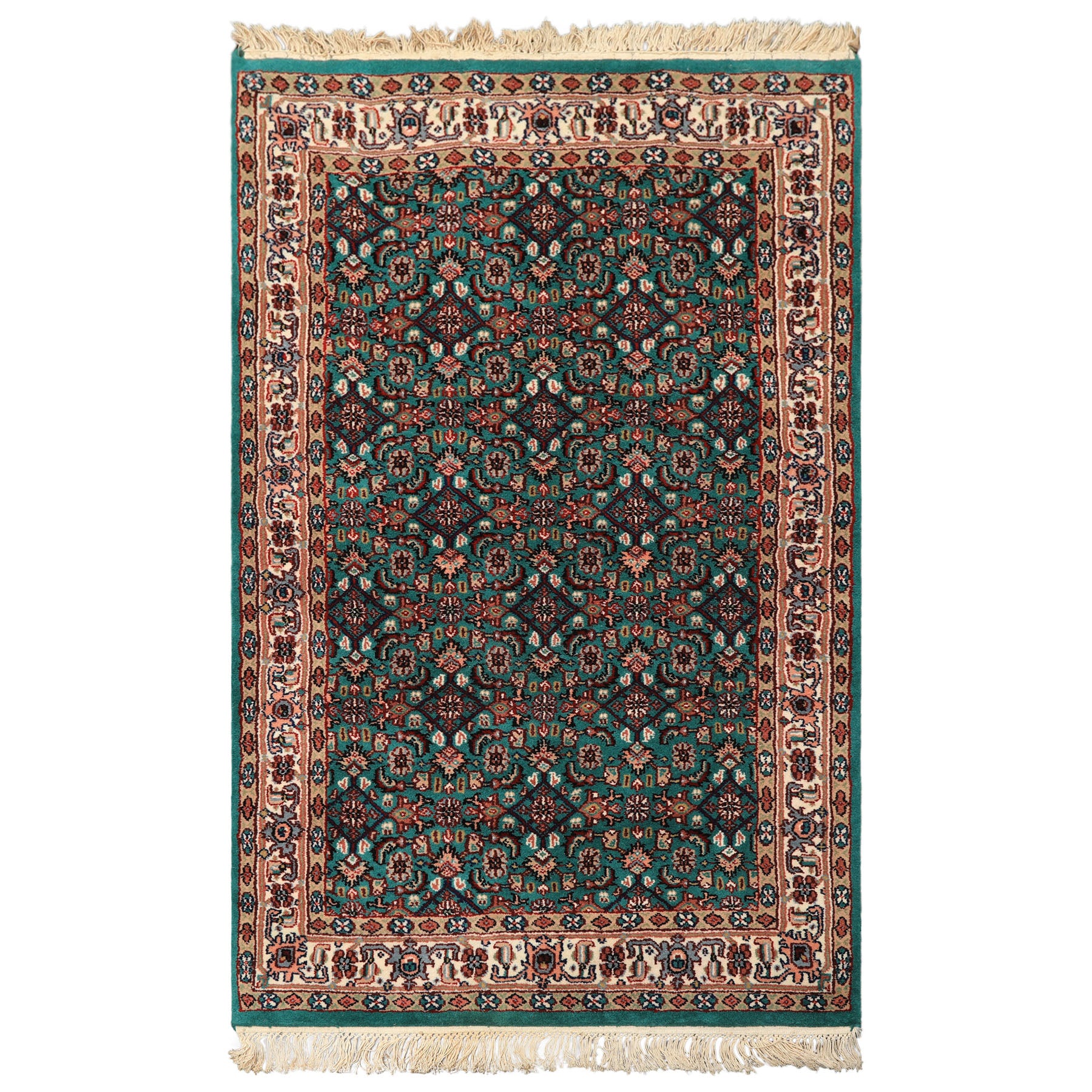 3x5 Green, Ivory, Tan Color Hand Knotted Indo Kashan Wool Traditional Oriental Rug