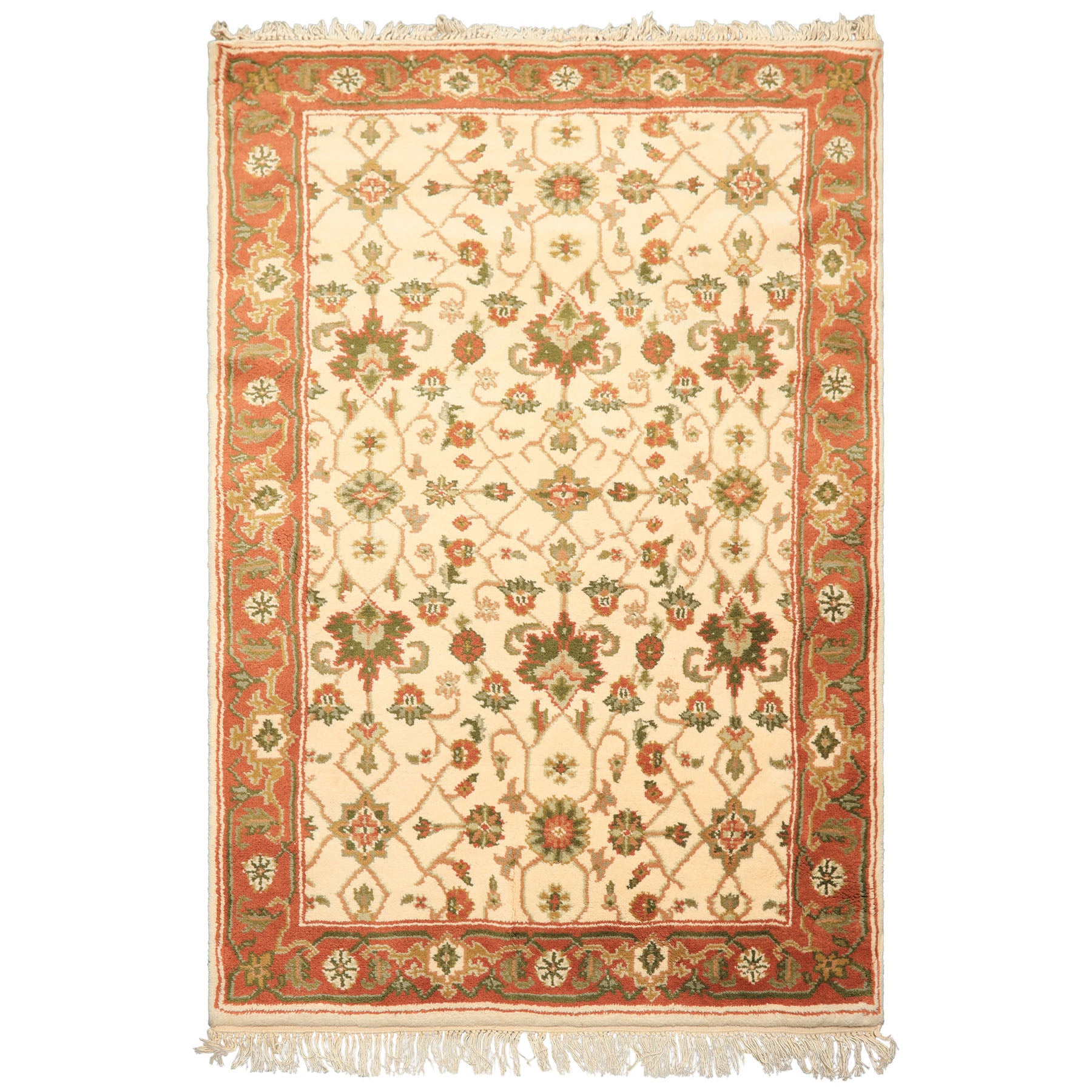 4x6 Ivory, Rust, Green Color Hand Knotted Indo Kashan Wool Traditional Oriental Rug