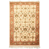 4x6 Ivory, Rust, Green Color Hand Knotted Indo Kashan Wool Traditional Oriental Rug