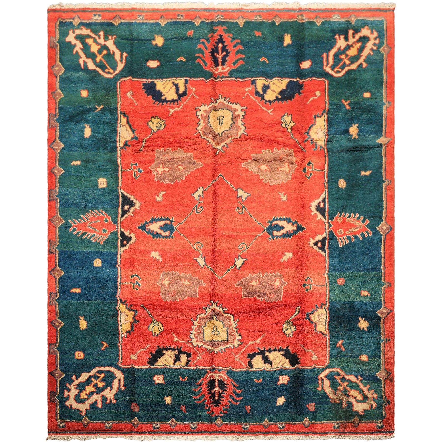 9x12 Coral, Turquoise, Teal Color Hand Knotted Turkish Oushak Wool Oriental Rug