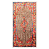 Runner Brown, Coral, Turquoise Color Hand Knotted Hamadan Wool Oriental Rug