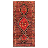 Runner Red, Charcoal, Brown Color Hand Knotted Hamadan Wool Traditional Oriental Rug