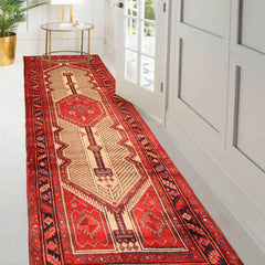 Runner Beige, Red, Rose Color Hand Knotted Heriz Wool Traditional Oriental Rug