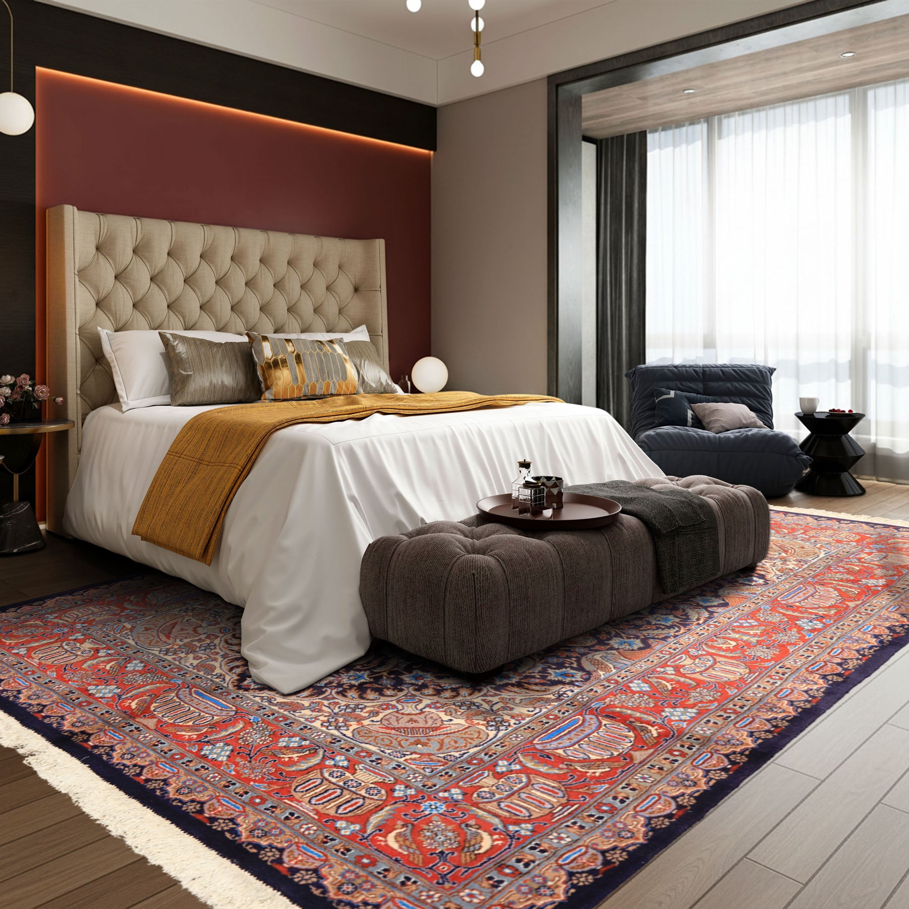 6x9 Navy, Burnt Orange, Ivory Color Hand Knotted Kashmar Wool Traditional Oriental Rug