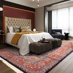 6x9 Navy, Burnt Orange, Ivory Color Hand Knotted Kashmar Wool Traditional Oriental Rug