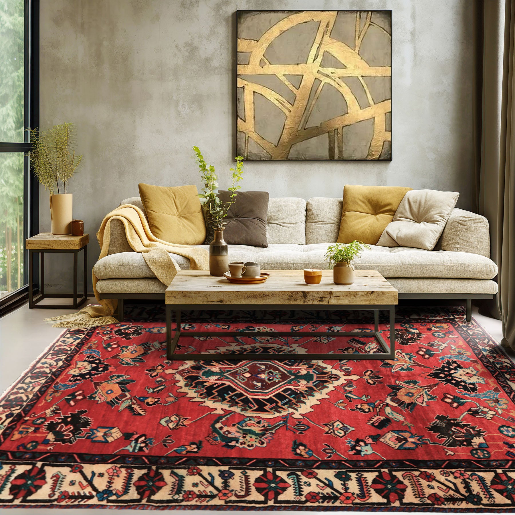 6x9 Red, Ivory, Green Color Hand Knotted Bakhtiari Wool Oriental Rug
