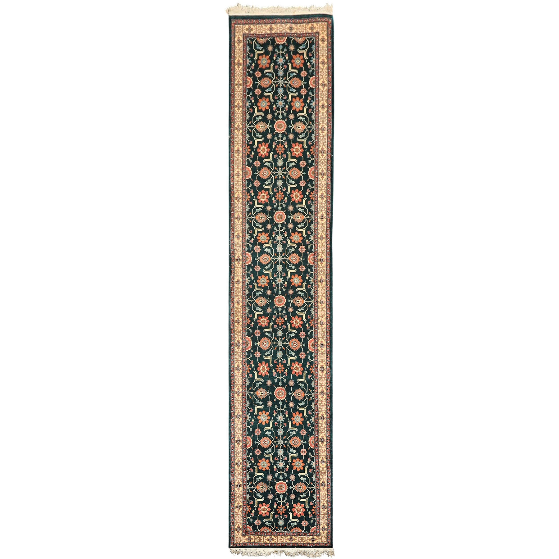 2'6x12 Teal, Ivory, Rose Color Hand Knotted Pak Persian Wool Traditional Oriental Rug