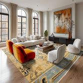 8x10 Light Gold, Aqua, Black Color Hand Knotted Oushak Wool Modern & Contemporary Oriental Rug