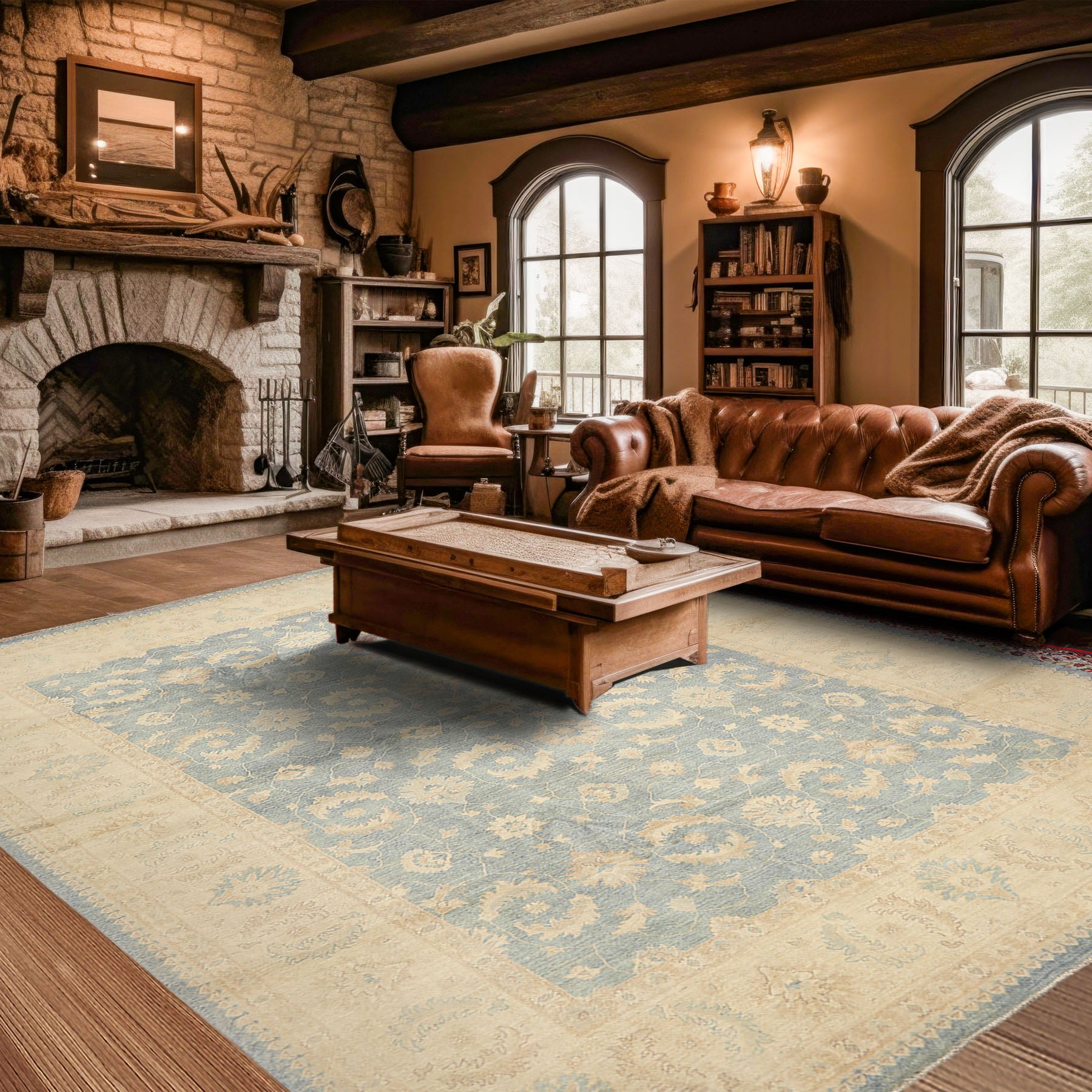 9x12 Aqua, Ivory, Tan Color Hand Knotted Chobi Peshawar Wool Traditional Oriental Rug