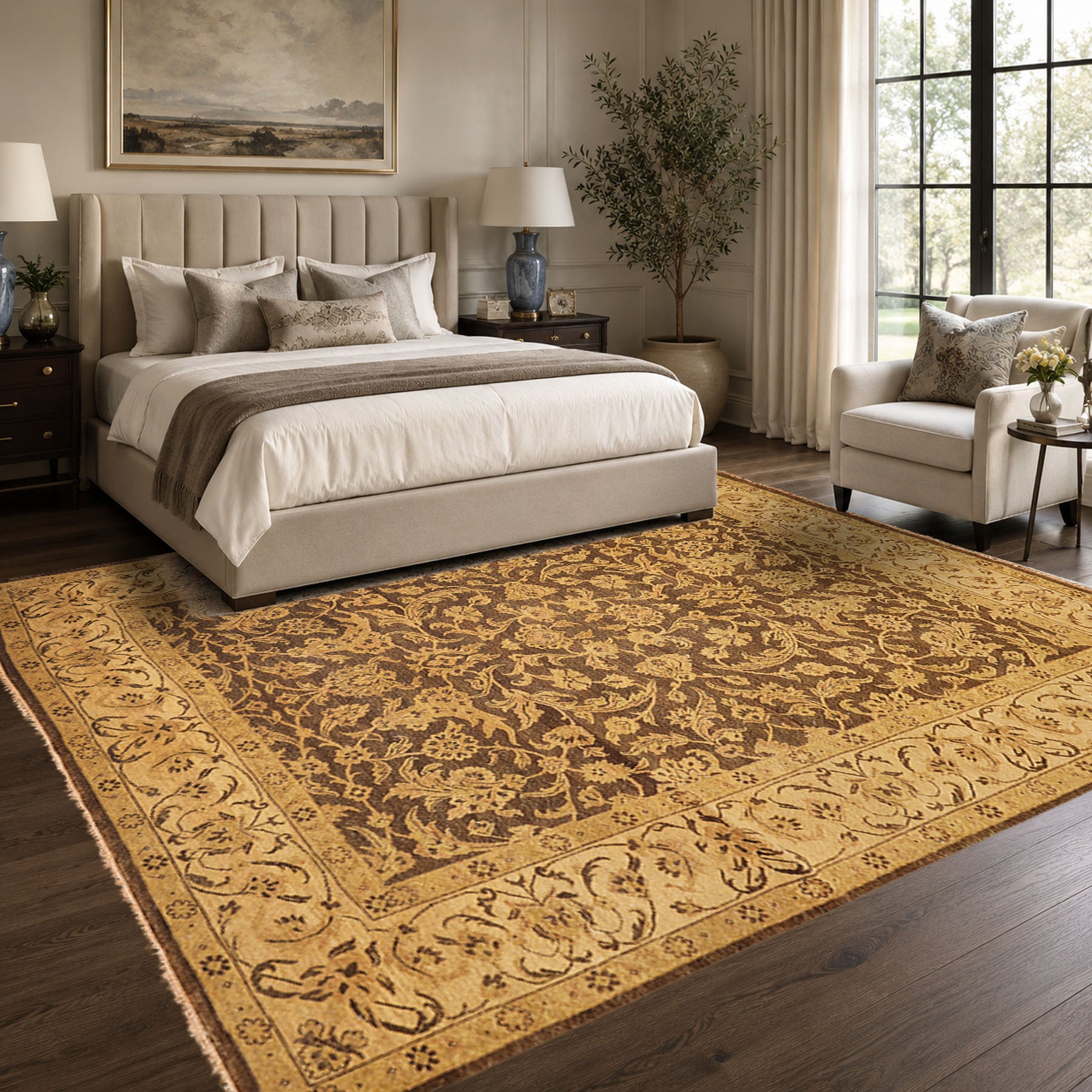 8x10 Brown, Beige, Gold Color Hand Knotted Oushak Wool Traditional Oriental Rug