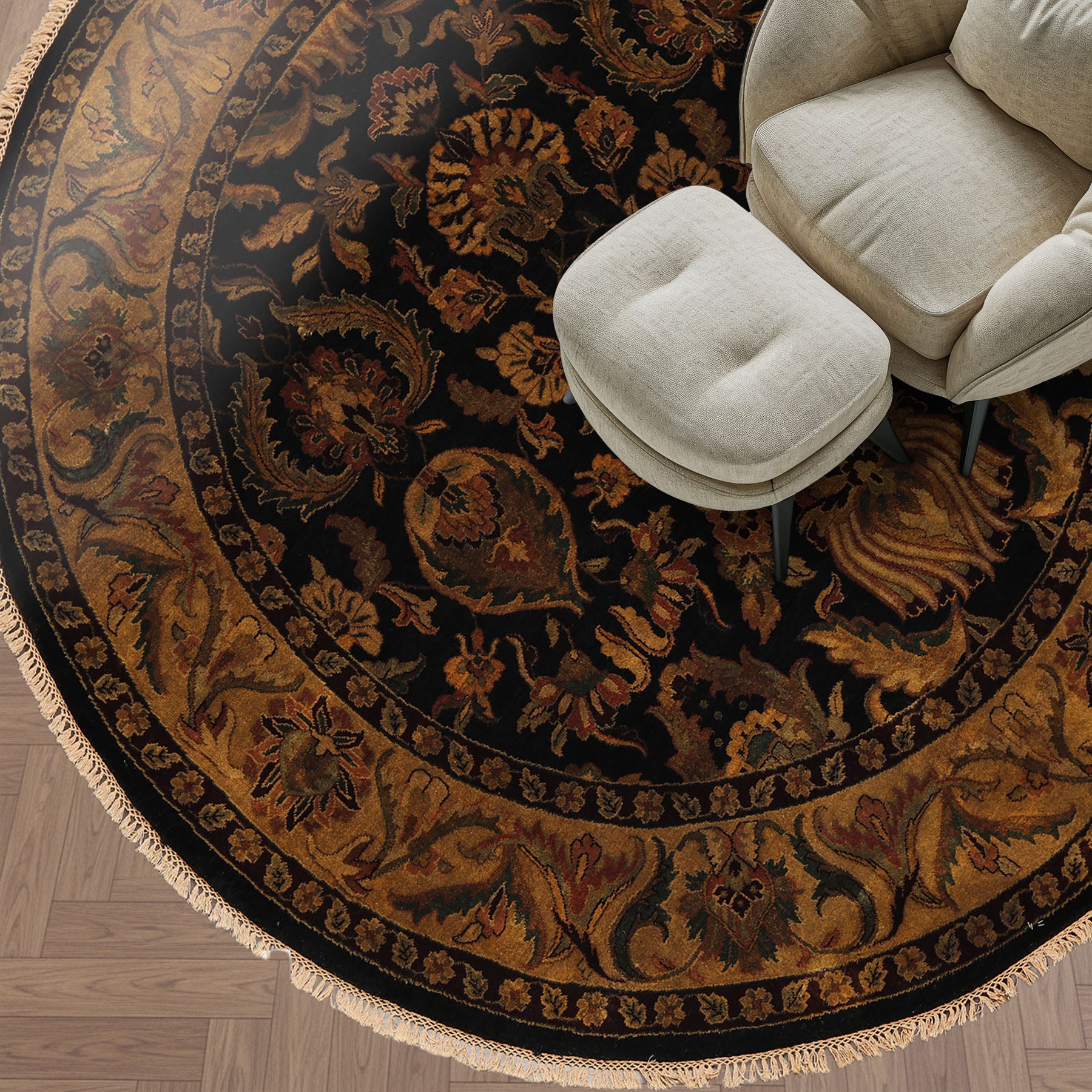 8' Round Black, Gold, Maroon Color Hand Knotted Agra Wool Traditional Oriental Rug