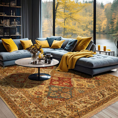 8x10 Beige, Tan, Aqua Color Hand Knotted Agra Wool Transitional Oriental Rug