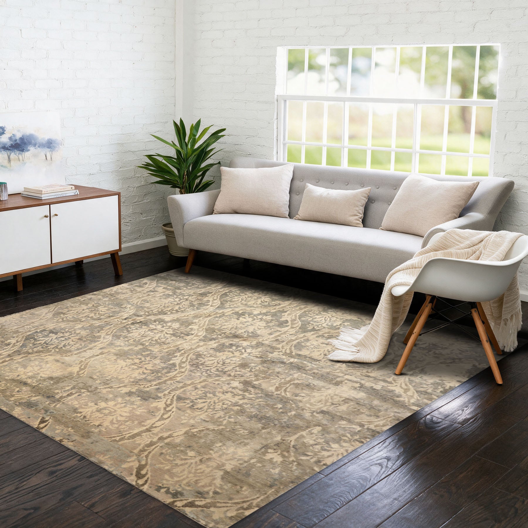 8' Square Beige, Gray, Taupe Color Hand Knotted Tibetan Wool Transitional Oriental Rug