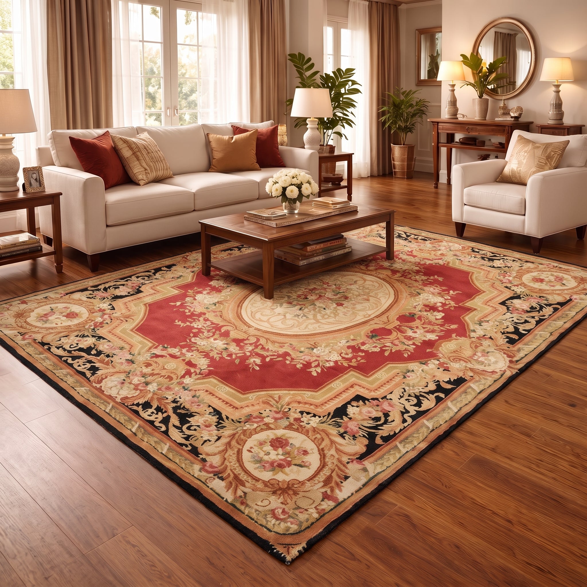 8x10 Rose, Black, Gold Color Hand Knotted French Aubusson Savonnerie Wool Traditional Oriental Rug