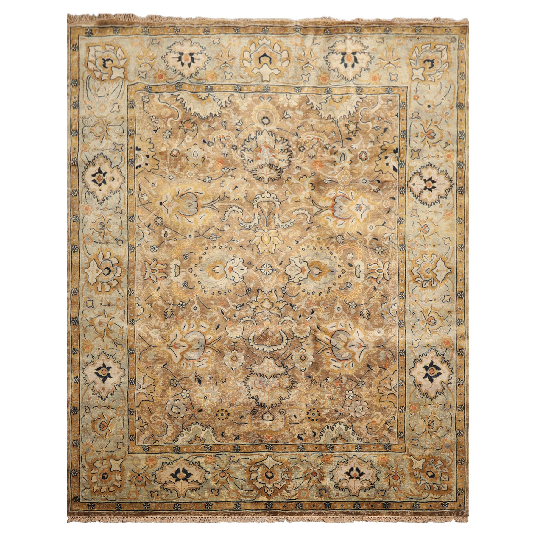 8x10 Mocha, Mint, Navy Color Hand Knotted Agra Wool Transitional Oriental Rug