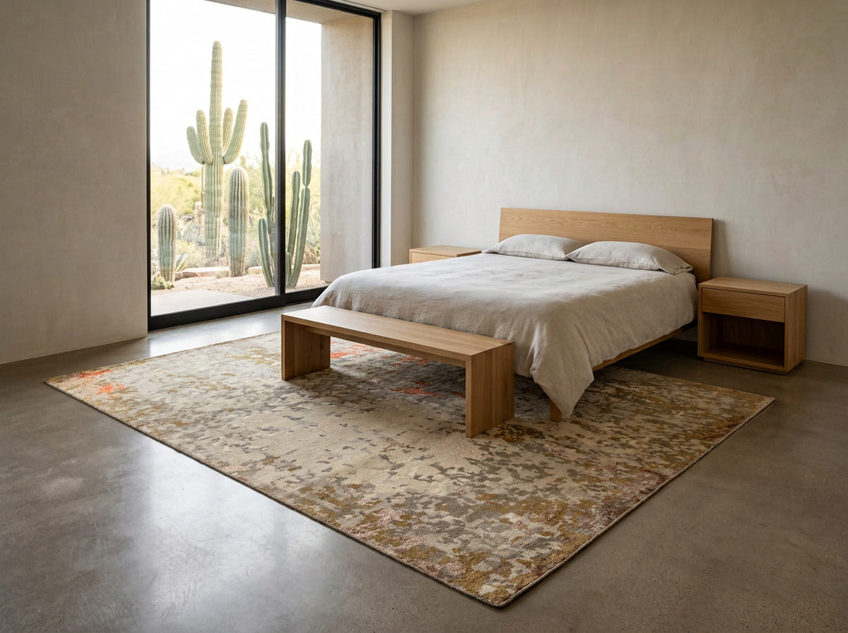 6x9 Beige, Brown, Gray Color Hand Knotted Tibetan Wool & Bamboo Silk Modern & Contemporary Oriental Rug