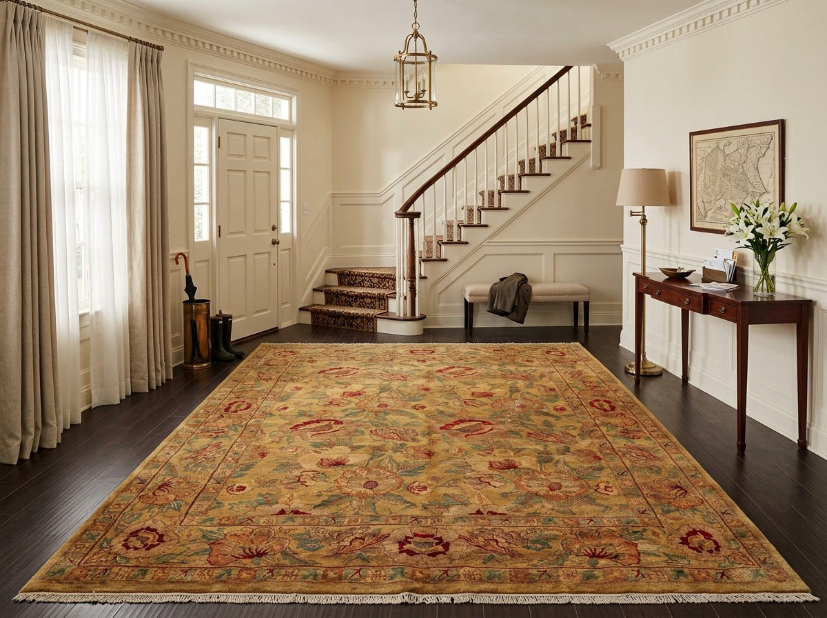 9x12 Gold, Sage, Red Color Hand Knotted Agra Wool Traditional Oriental Rug