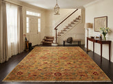 9x12 Gold, Sage, Red Color Hand Knotted Agra Wool Traditional Oriental Rug