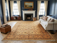 9x12 Tan, Peach, Navy Color Hand Knotted Oushak Wool Traditional Oriental Rug