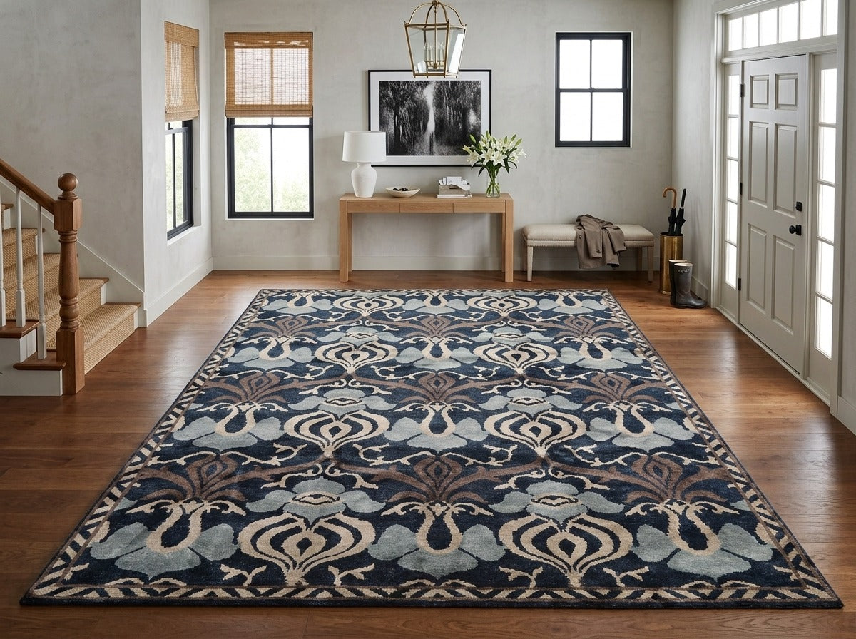 8x10 Navy, Taupe, Blue Color Hand Knotted Tibetan Wool Transitional Oriental Rug
