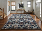 8x10 Navy, Taupe, Blue Color Hand Knotted Tibetan Wool Transitional Oriental Rug