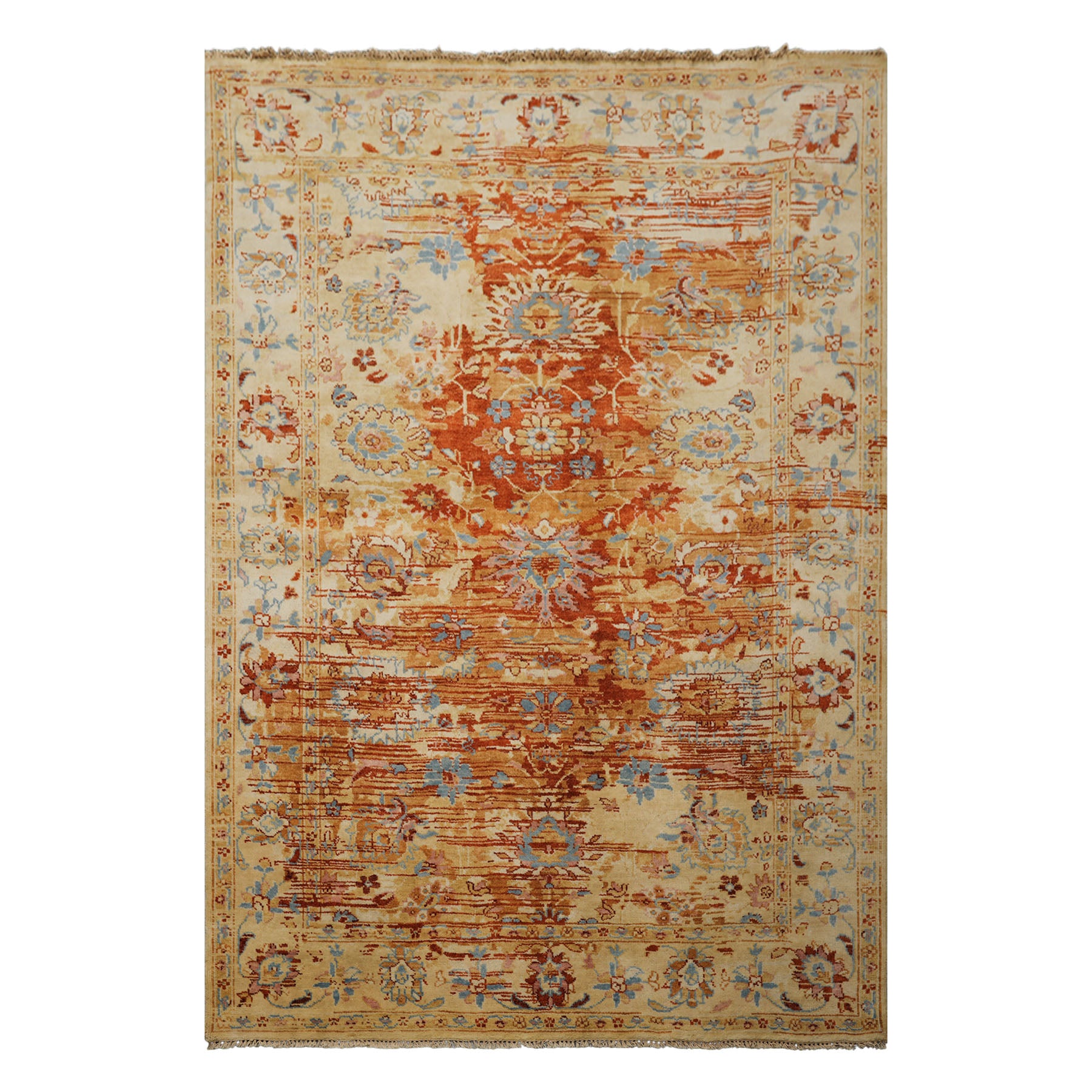 6x9 Burnt Orange, Light Gold, Aqua Color Hand Knotted Oushak Wool Traditional Oriental Rug