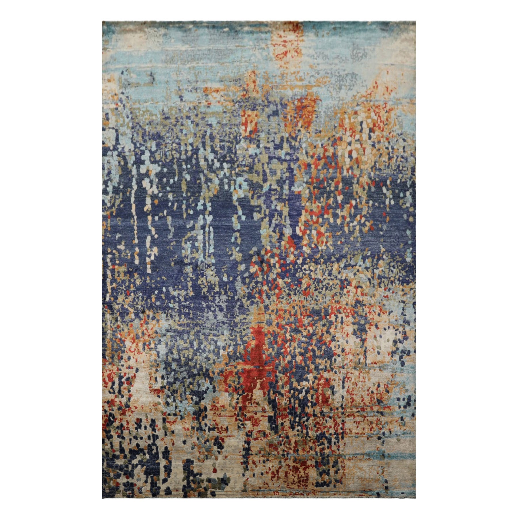 6x9 Navy, Burnt Orange, Sage Color Hand Loomed Sherpa Bamboo Silk Modern Oriental Rug