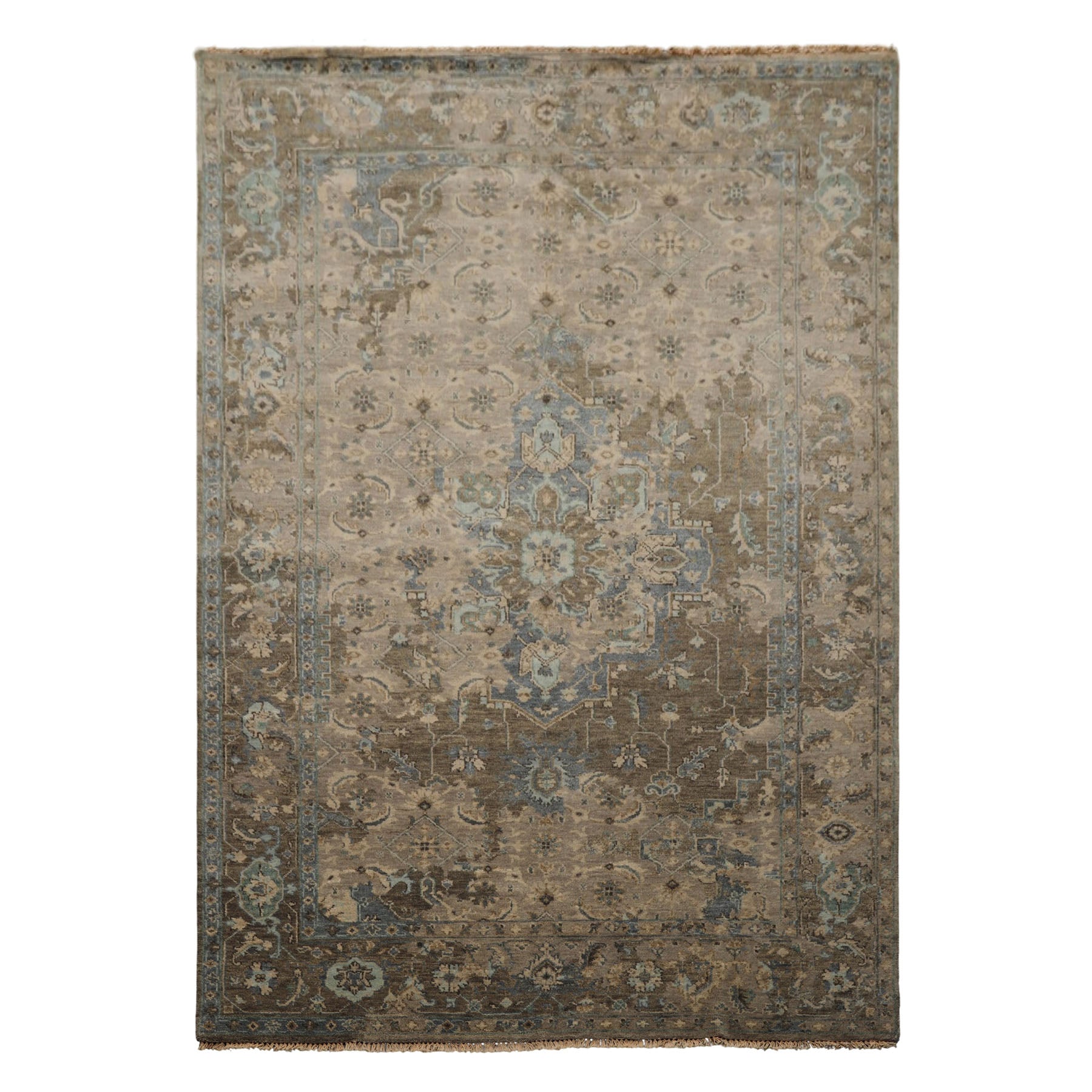 6x9 Brown, Beige, Teal Color Hand Knotted Oushak Wool Traditional Oriental Rug