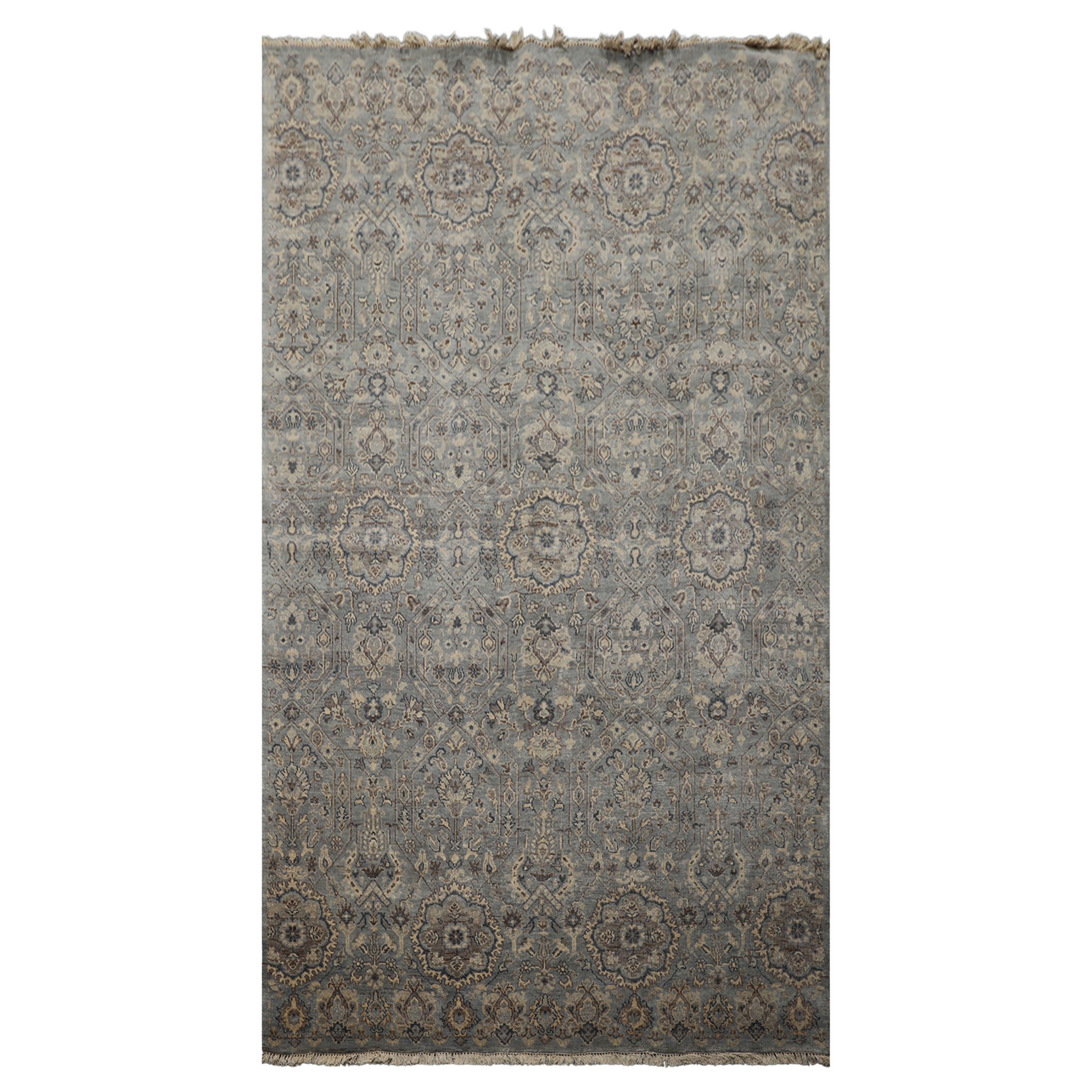 6x9 Blue, Brown, Ivory Color Hand Knotted Agra Wool Traditional Oriental Rug