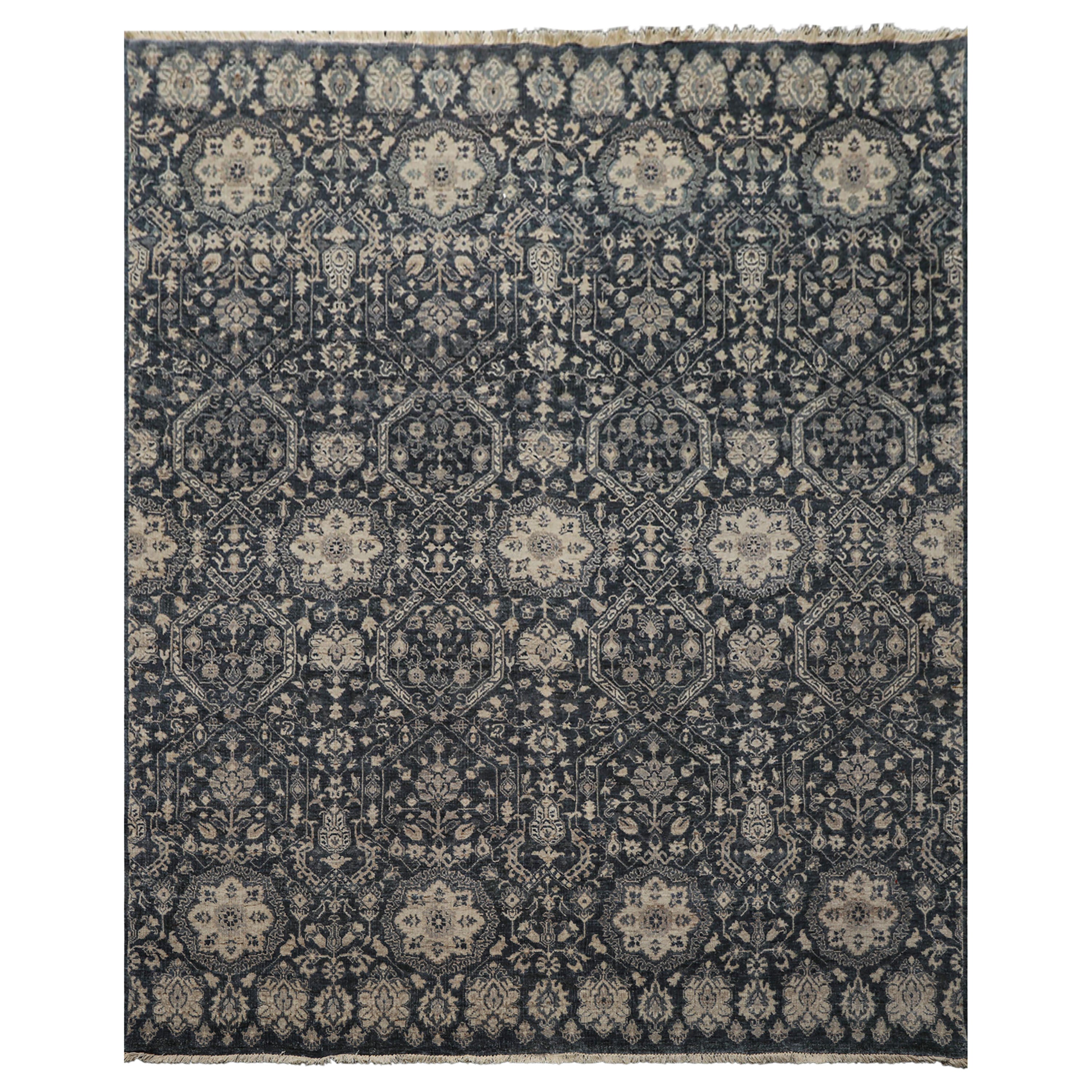 6x9 Navy, Gray, Aqua Color Hand Knotted Agra Wool Transitional Oriental Rug