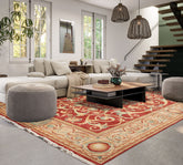 9x12 Red, Beige, Aqua Color Hand Knotted Full Pile Savonnairie Wool Traditional Oriental Rug