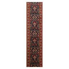 Runner Navy, Red, Aqua Color Machine Made Floral 100% Wool Traditional Oriental Rug