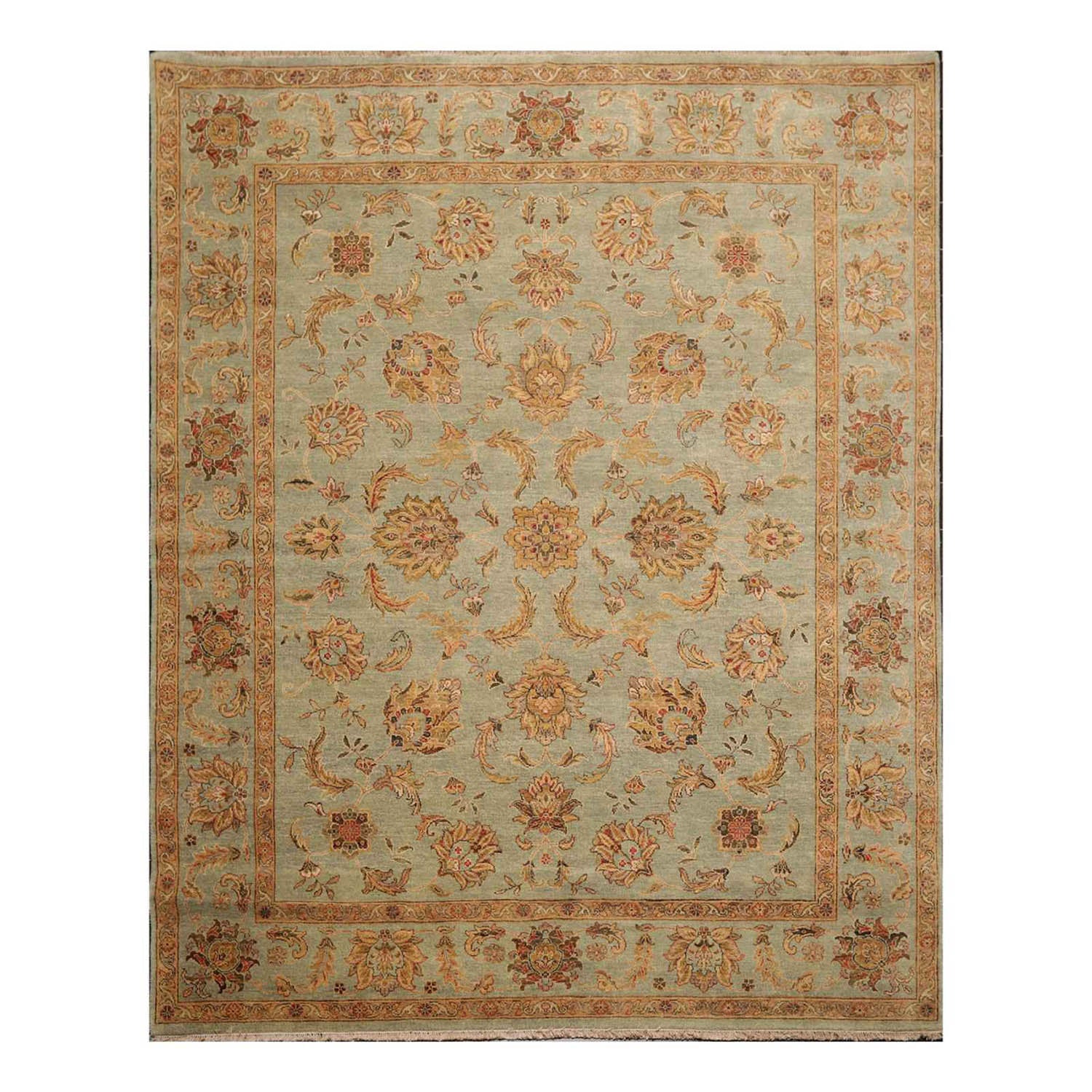 8x10 Aqua, Tan, Rust Color Hand Knotted All-Over 100% Wool Traditional-Persian/Oriental Oriental Rug
