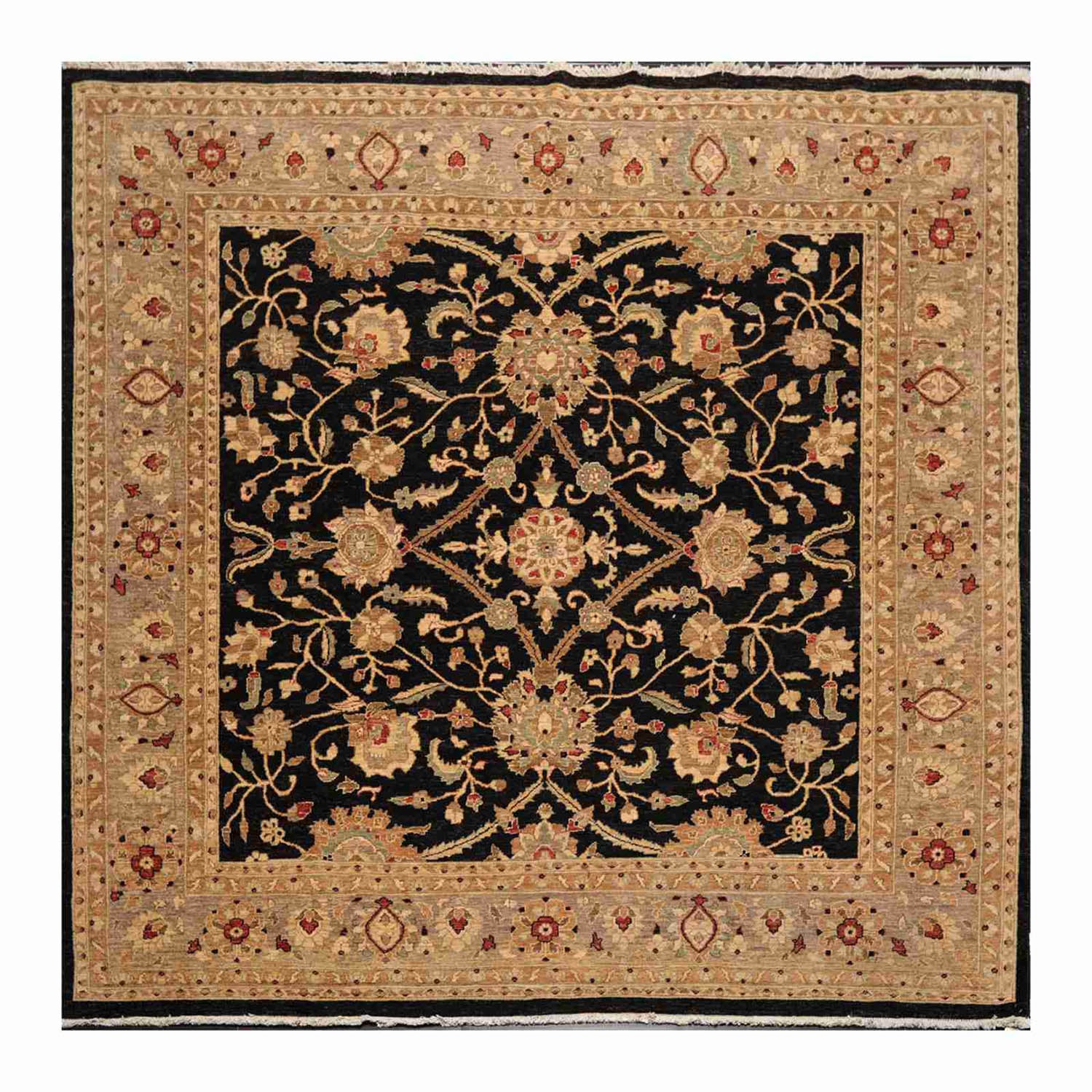 Square Black, Gray, Tan Color Hand Knotted All-Over 100% Wool Traditional Oriental Rug