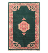6x9 Emerald, Rose, Ivory Color Hand Knotted All-Over 100% Wool Traditional Oriental Rug