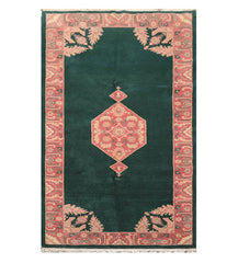 6x9 Emerald, Rose, Ivory Color Hand Knotted All-Over 100% Wool Traditional Oriental Rug