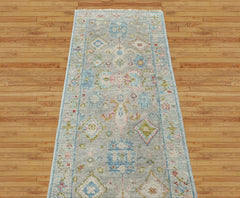 Lime, Aqua 2'6''x9 Oushak Arts and Crafts Hand Knotted Wool Oriental Area Rug