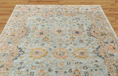 Aqua, Peach 8x9'11'' Oushak Transitional Hand Knotted Wool Oriental Area Rug