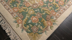 6x9 Ivory, Aqua, Peach Color Hand Knotted Aubusson Savonnerie Wool Traditional Oriental Rug
