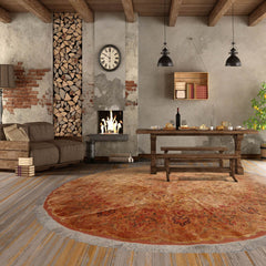 Round Tan, Peach Hand Knotted Wool and Silk Tabriz Traditional Oriental Area Rug